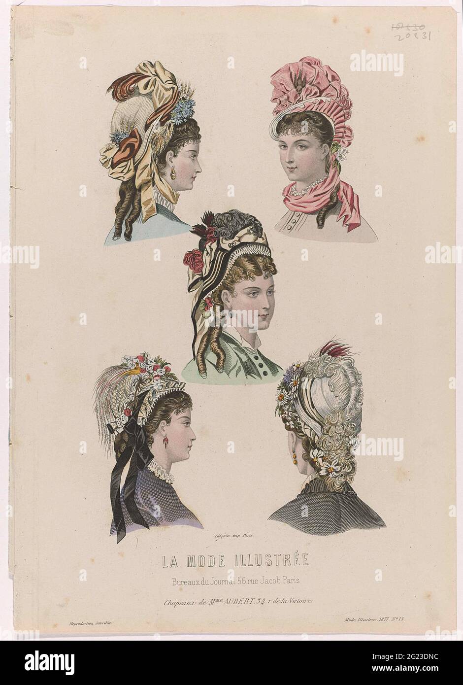 La Mode Illustrée, 1877, No. 13: Chapeaux de Mme Aubert (...). Five women's  heads with different hats.