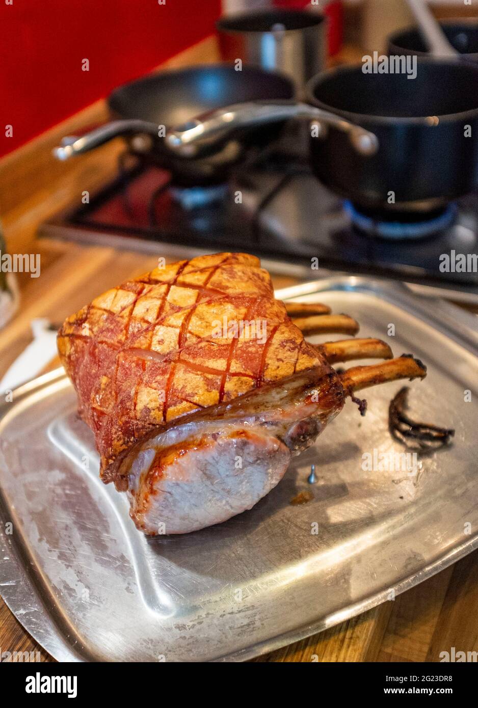 Roast Rib of Pork Sunday lunch meal UK Stock Photo Alamy