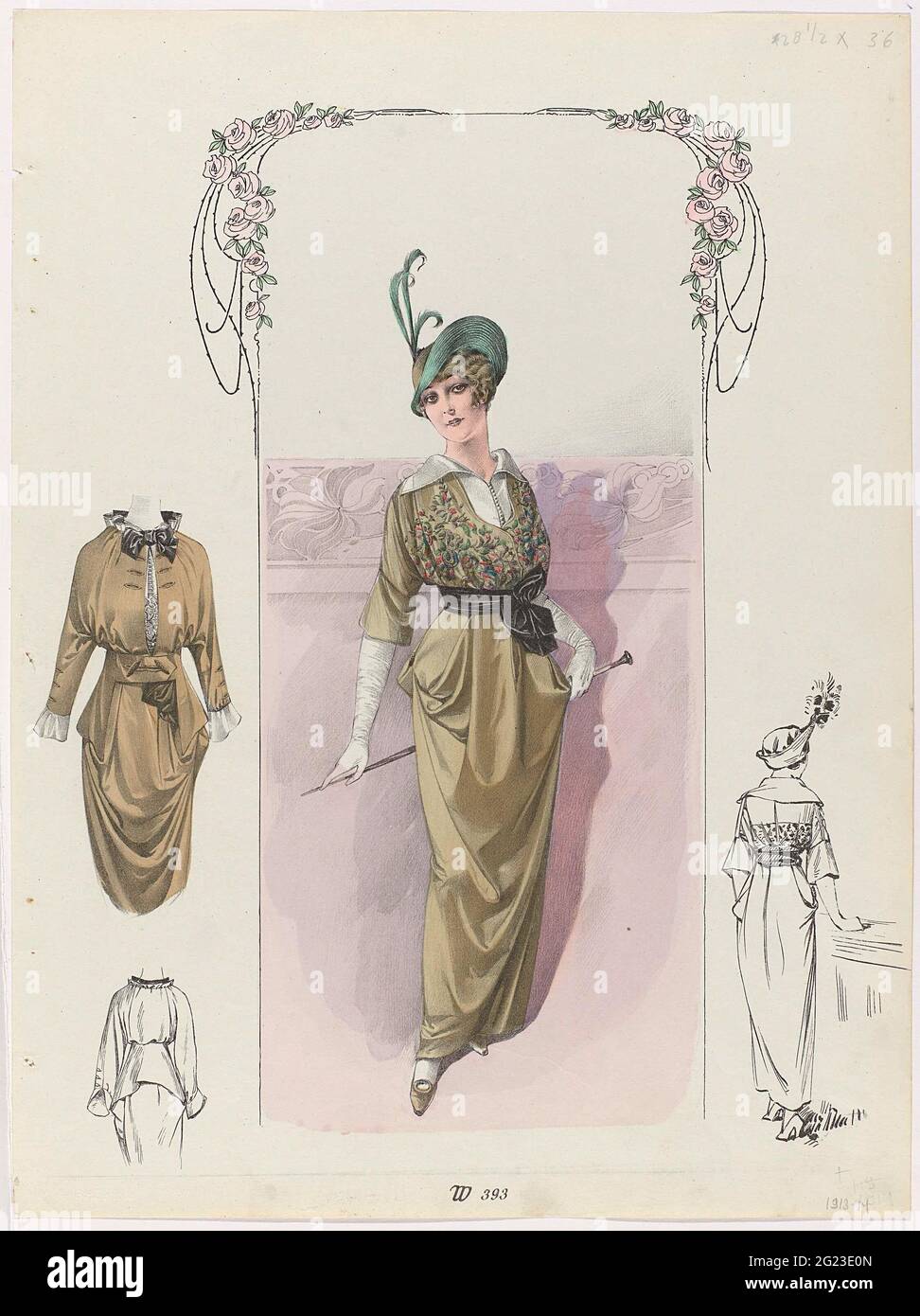 Lady in an olive green straw juke, W 393. Standing woman in an olive green  straw juice with half-long sleeves, framed by roses garlands. Bodice  decorated with a colored leaf and floral
