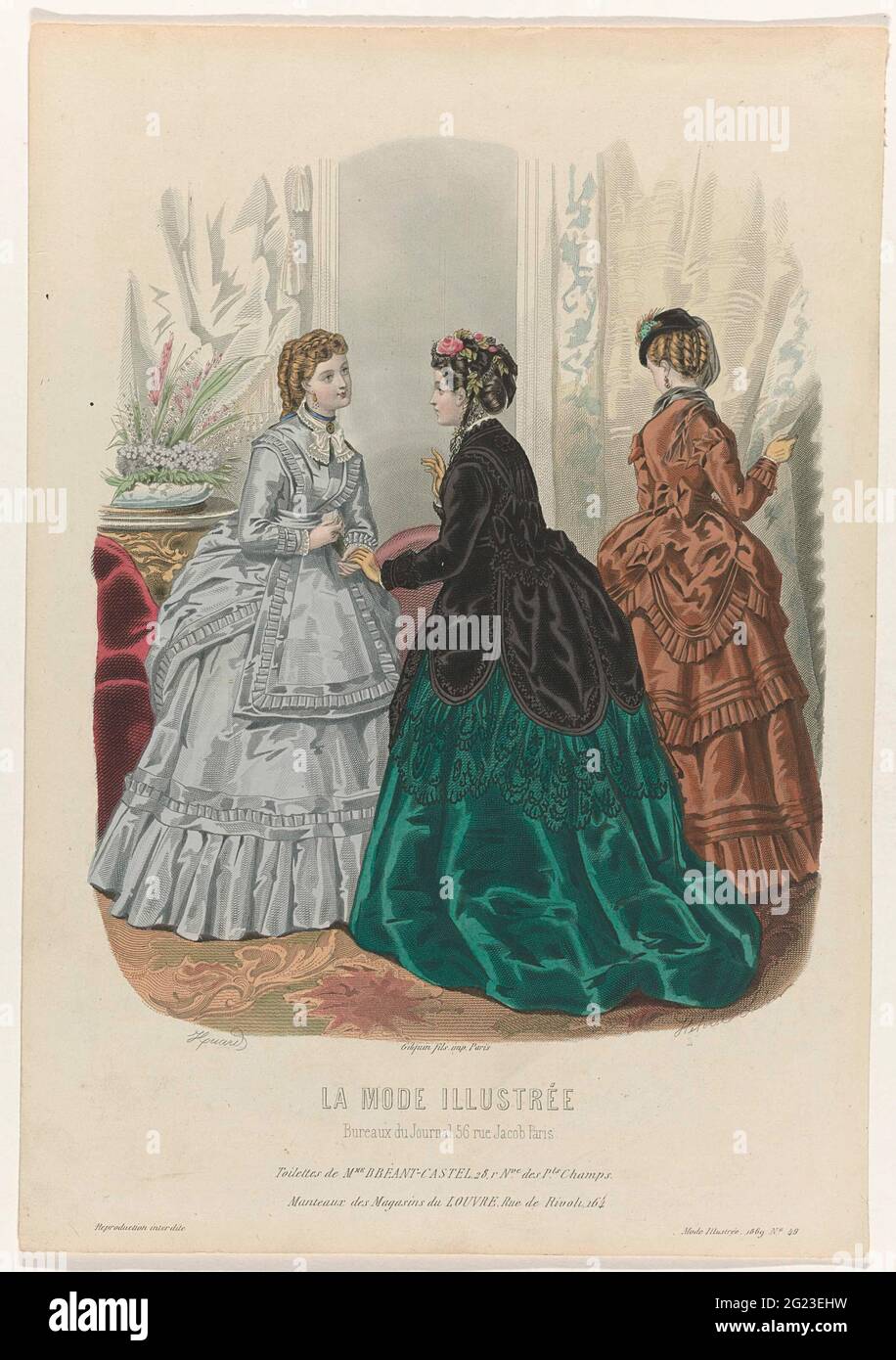 La Mode, ca. 1860, pl. 268: Rubaneries de la Ville de Lyon (...). Three  women, two of whom seen on the back, in an interior. Under the show some  rules advertising text