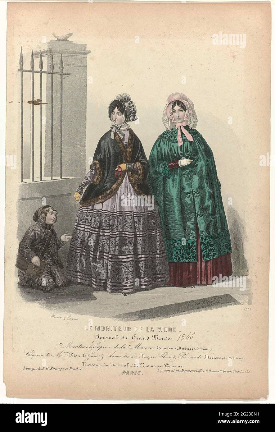 Le Moniteur de la Mode, 1845, no. 95: Manteau & Caprice de la Maison (...).  Two women at a fence, one of whom one gives a coin to a beggar. According to