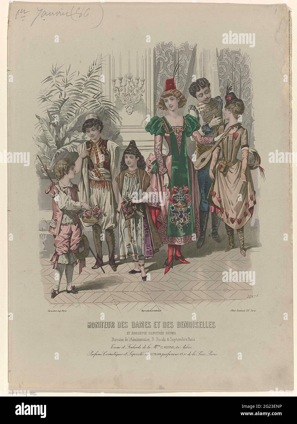 Moniteur des Ladies et des Demoiselles, 1886, No. 2247e: Tissus et Foulards  (...). Companion in costumes ('travestics'). Under the show some rules  advertising text for different products. Print from the fashion magazine