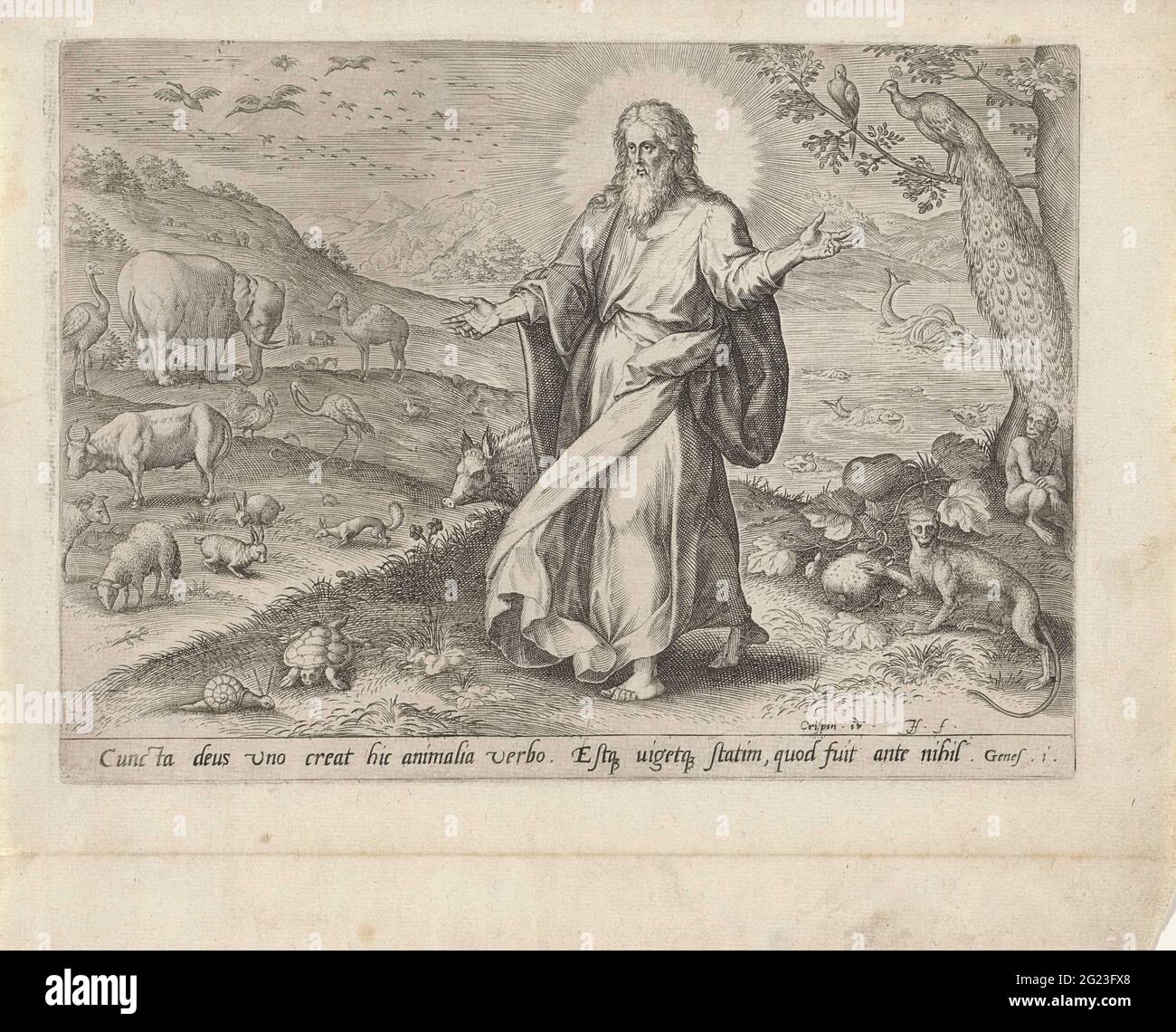 Creation of the animals; Creation and fall. Day Five of Creation: God creates the animals. God the Father in the form of an old man, standing in the midst of different animals. Creation of the animals; Creation and fall. Day Five of Creation: God creates the animals. God the Father in the form of an old man, standing in the midst of different animals.