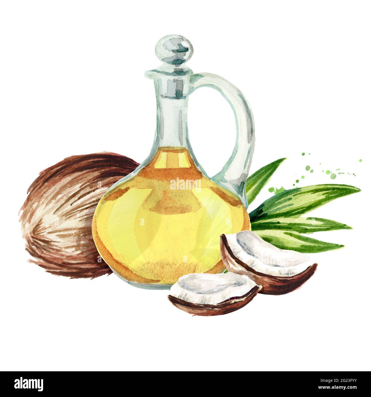 Jar with melted coconut oil and nut. Watercolor hand drawn illustration