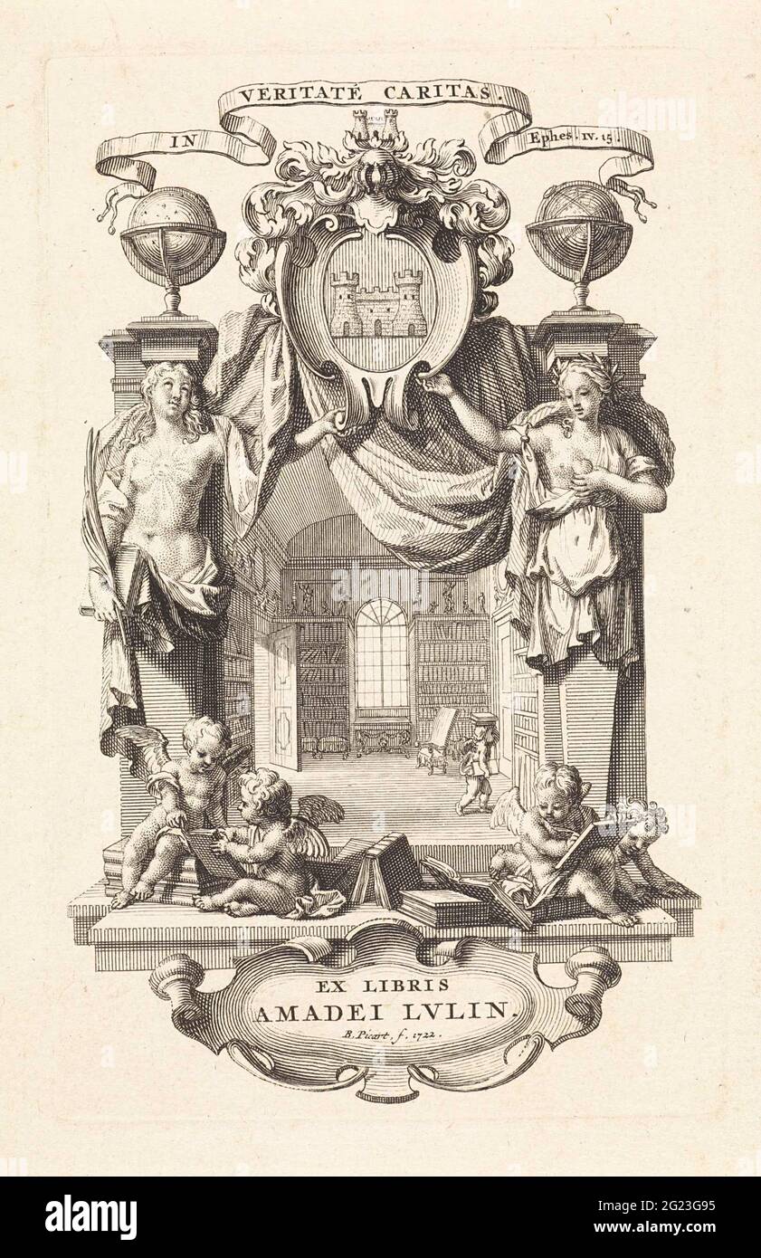 Interior of a library. Ex-libris for Amadei Lulin. An interior of a library, in a picture frame with two half-time, truth and love, on each side. At the bottom of four putti with books and at the top of the coat of arms and motions of Amadei Lulin. Stock Photo