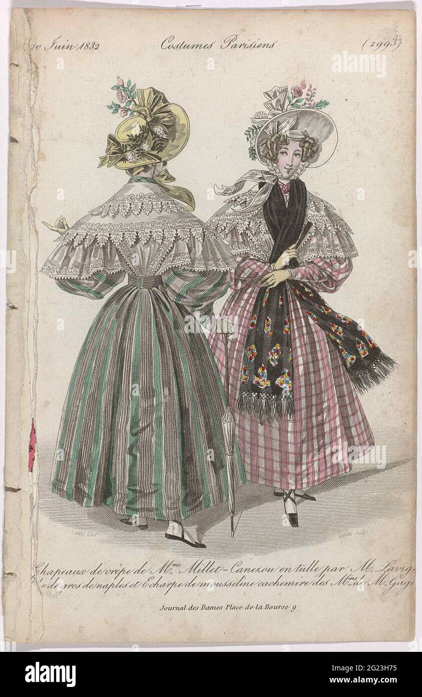 Journal des Ladies et des Modes, Costumes Parisiens, 20 Juin 1832, (2993):  Chapeaux de Crep (...). Hats of Millet crepe. "Canezou" of tulle, by M  Lavig (...). Jap of 'Gros de Naples'