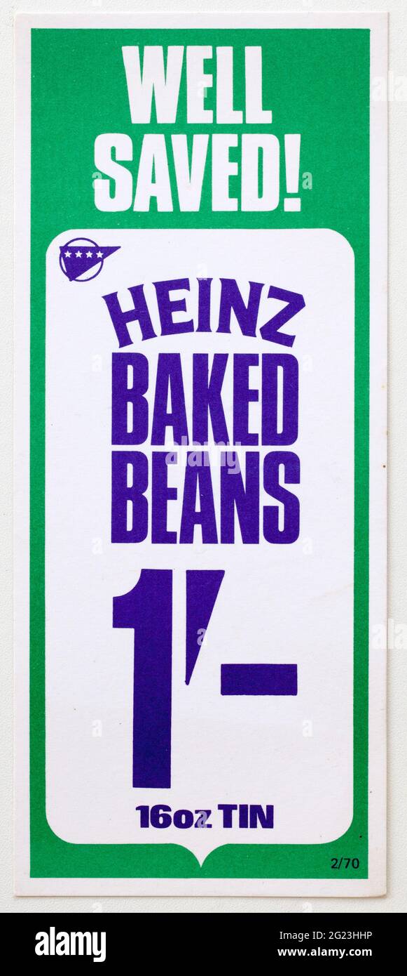 1970s Shop Advertising Price Display Label Heinz Baked Beans Stock