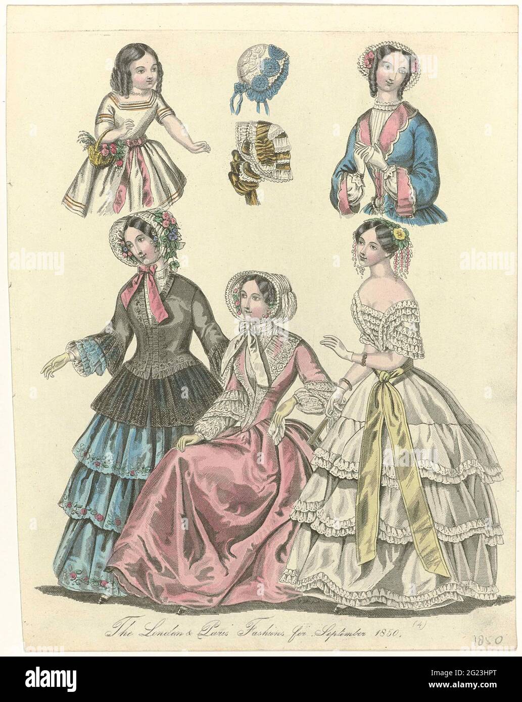 The World Of Fashion, September 1850: The London & Paris Fashions (...).  Modes for September 1850 from London and Paris. Jacket on a skirt with  three wrinkled strips fabric with flower pattern.