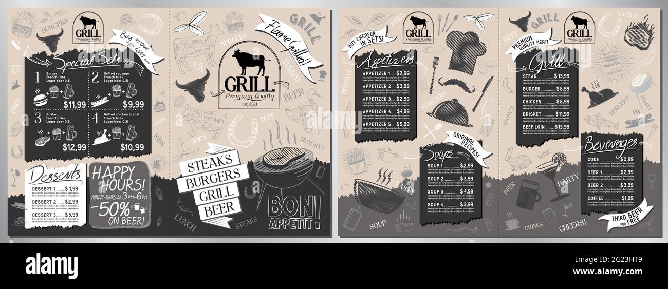 Steakhouse, grill menu card -A3 to A4 size (appetizers, grill, soups, drinks, sets) Stock Vector