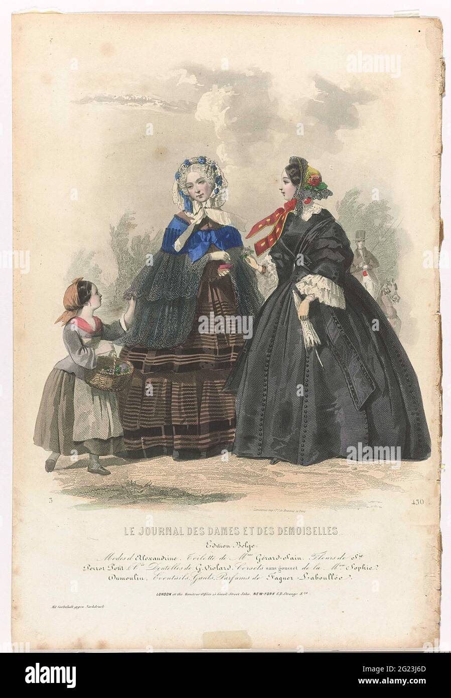 Le Journal des Laden et des Demoiselles, 1855, No. 430, Edition Belge:  Modes d'Alexandrin (...). Two women buy flowers at a flower girl. In the  background a rider on horseback. Left: Blue
