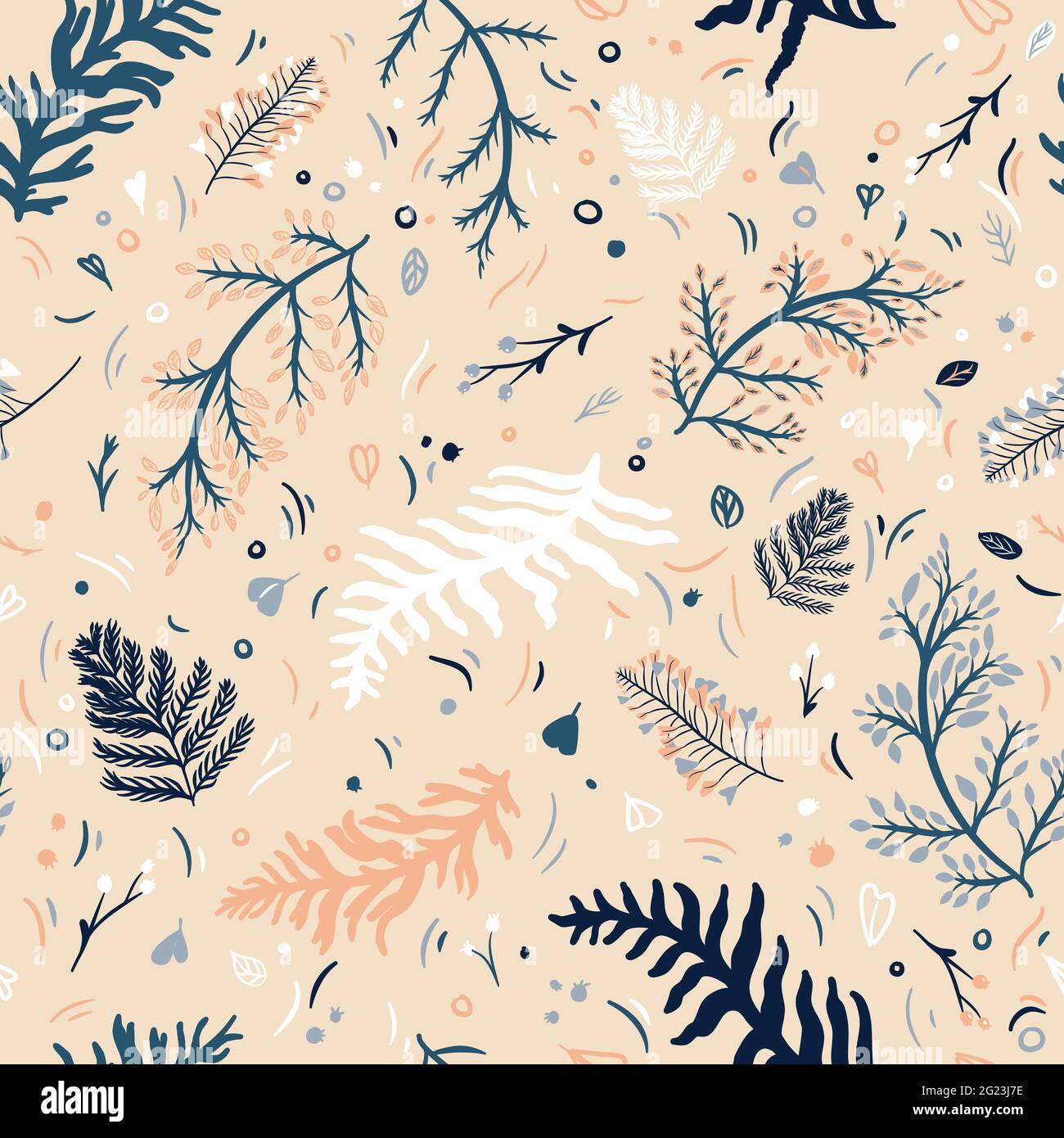 Vector floral seamless pattern with leaves, branches and other forest plants Stock Vector
