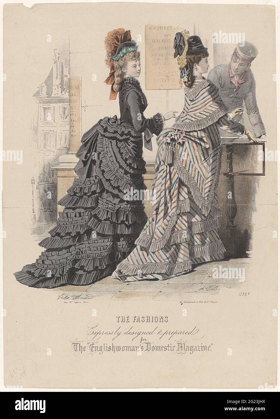 The Englishwoman's Domestic Magazine, Dec. 1874, No. 1175 B: The Fashions  (...). A woman pays the entrance to an exhibition on a cashier. She is  wearing a striped dress with queue decorated