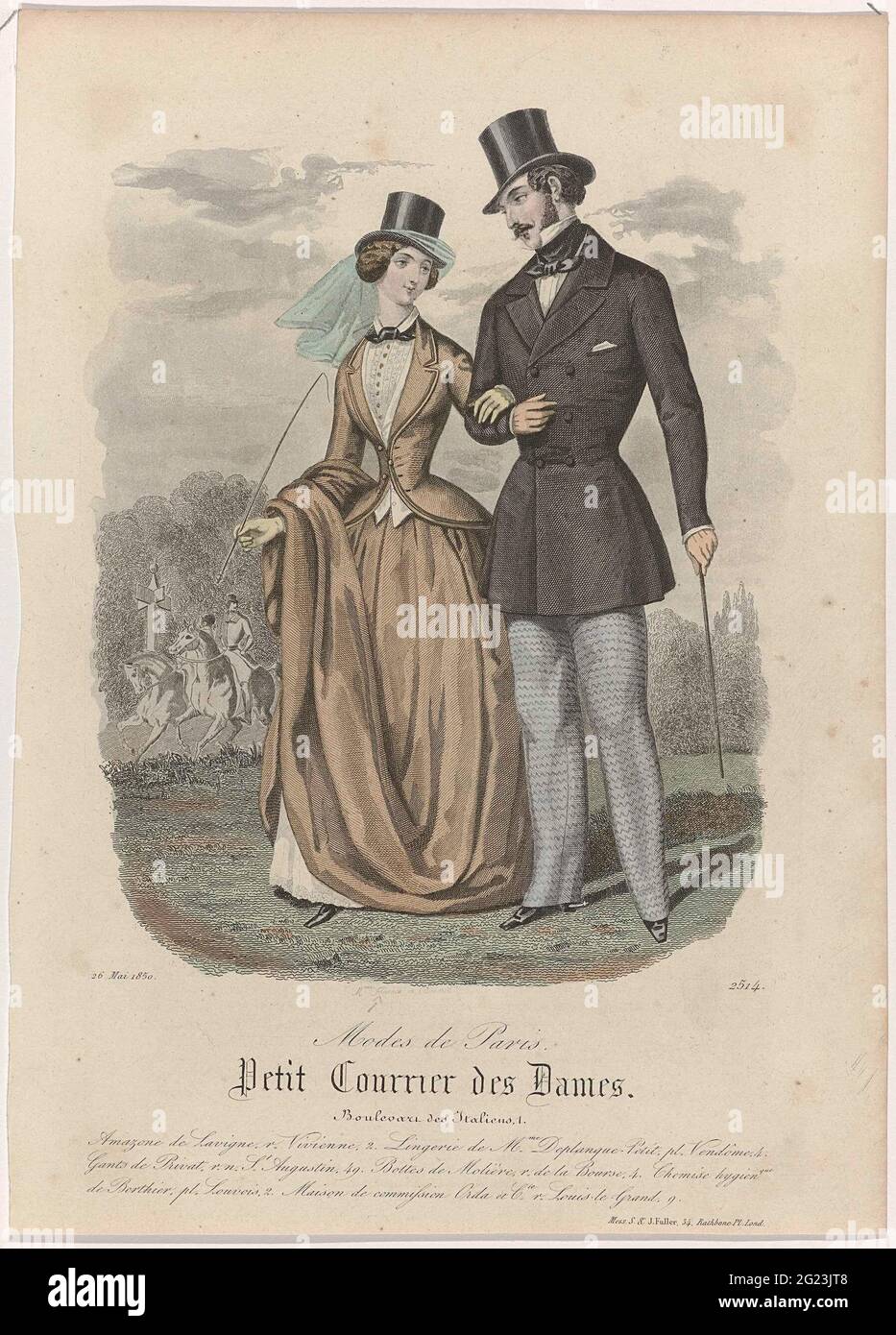 Petit Courrier des Ladies, 26 Mai 1850, no. 2514: Amazon de Lavign (...). A Heard Couple. The woman is wearing a rich costume. With the right hand she holds her skirt, so that her underskirt can be seen. Top hat with veil, driving sweep in hand. The man wears a double-breasted jacket with collar and lapel on long pants. Top hat and stuffed neckerchief. According to the caption: Amazon costume from Lavigne. Below some rules advertising text for different accessories. Print from the fashion magazine Petit Courier des Ladies (1821-1868). Stock Photo