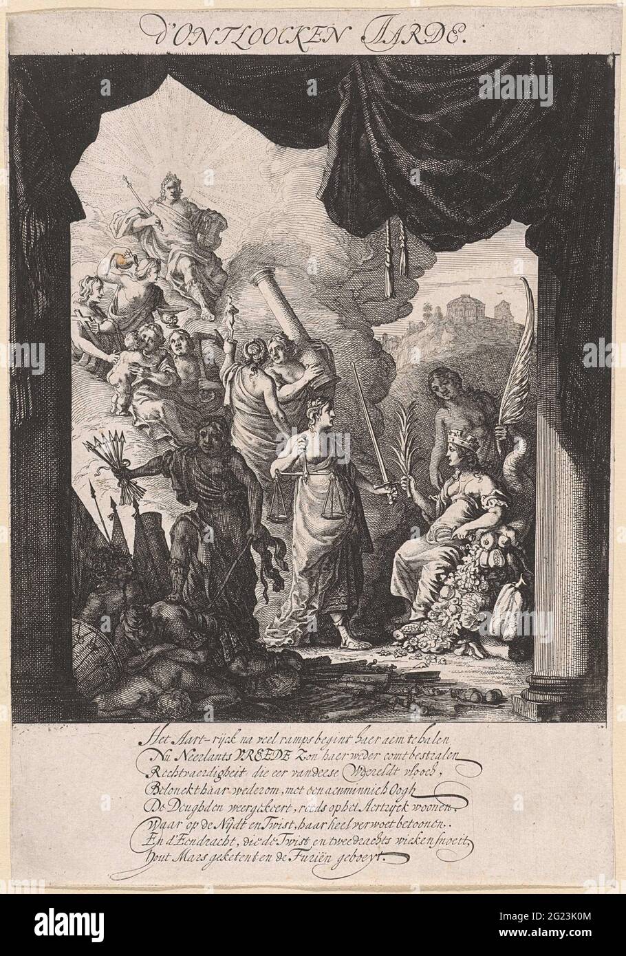 Display of opening the earth, 1648; D'finished earth; Allegories on the Peace of Munster; The six shows that on the Schouburg (...) exhibits are the 1648 Iunij 1648. Display of opening the earth. Part of the impressions raised on June 23, 1648 at the Schouwburg in Amsterdam following the conclusion of the Munster peace. The fourth show shows how to restore the earth and the abundance after the war, the virtues returned from the gods sky (with Apollo) back to the earth. In the caption a verse of 8 lines in Dutch. Stock Photo