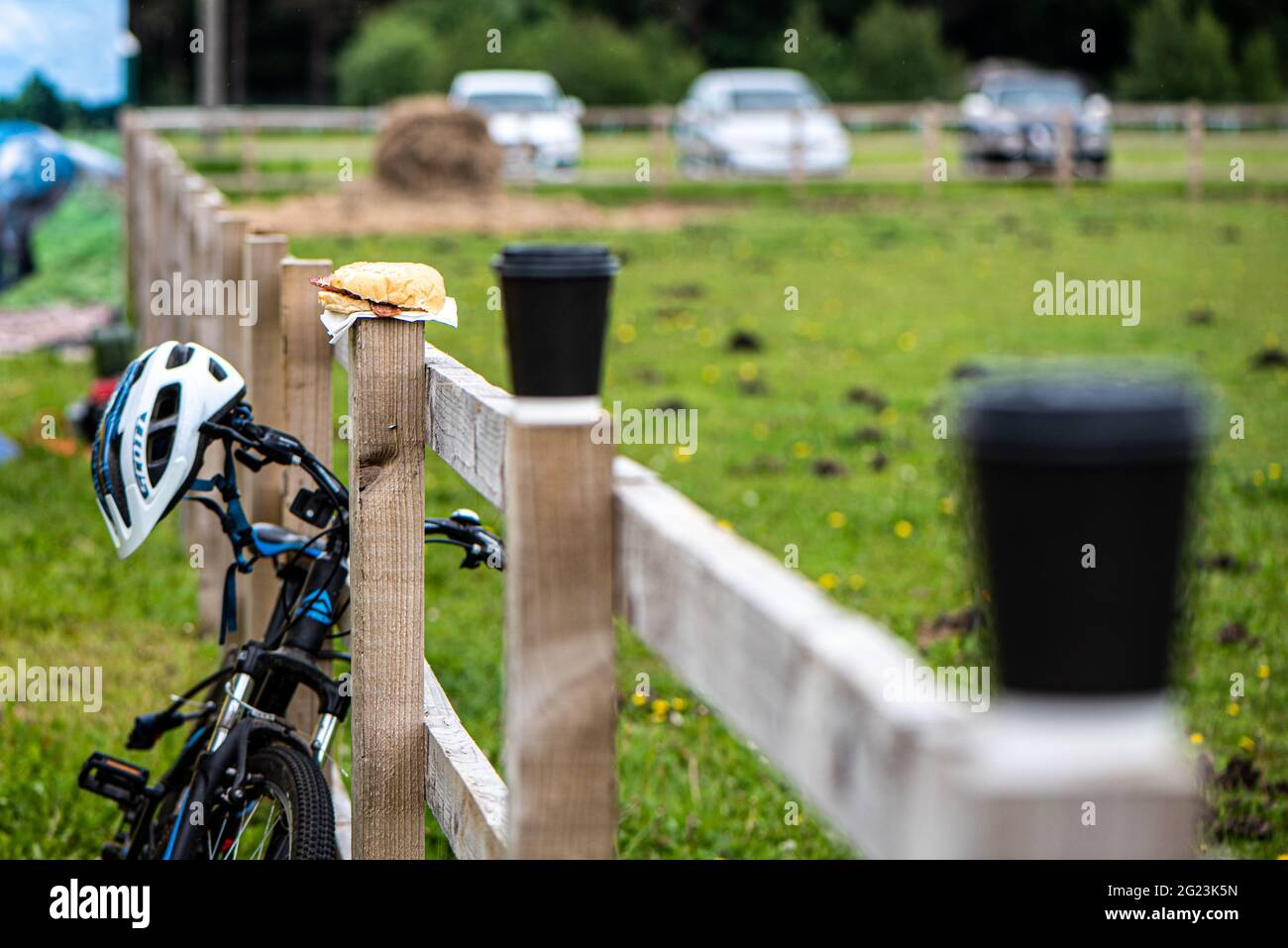 Cooke cups and a bacon bap next to a bicycle at the Horse show at the National Horseracing College, Doncaster, UK Stock Photo