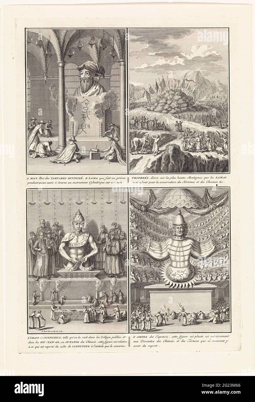 Gods and use in China and Japan; Han ROI des Tartares Divinisé (...). Leaf with four performances of Buddhist gods, confusius and use in China. Top left: Image of Han, king of the people tangut. A lama or priest kneel for him. At the top right: Lamas pray at flags in the mountains. Bottom left: Image and worship of Confusius. Bottom right: the Japanese God Amida. Stock Photo