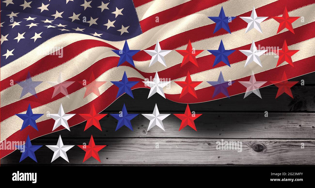 Multiple stars over american flag against wooden background Stock Photo ...