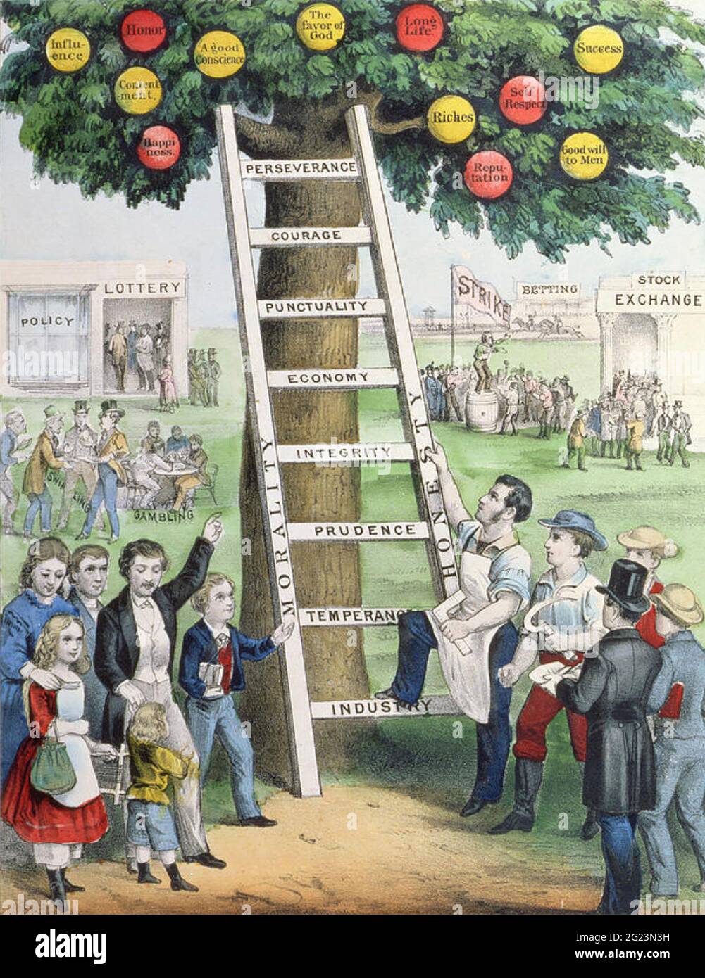 THE LADDER OF FORTUNE TO THE AMERICAN DREAM An 1875 Lithograph by Currier and Ives Stock Photo