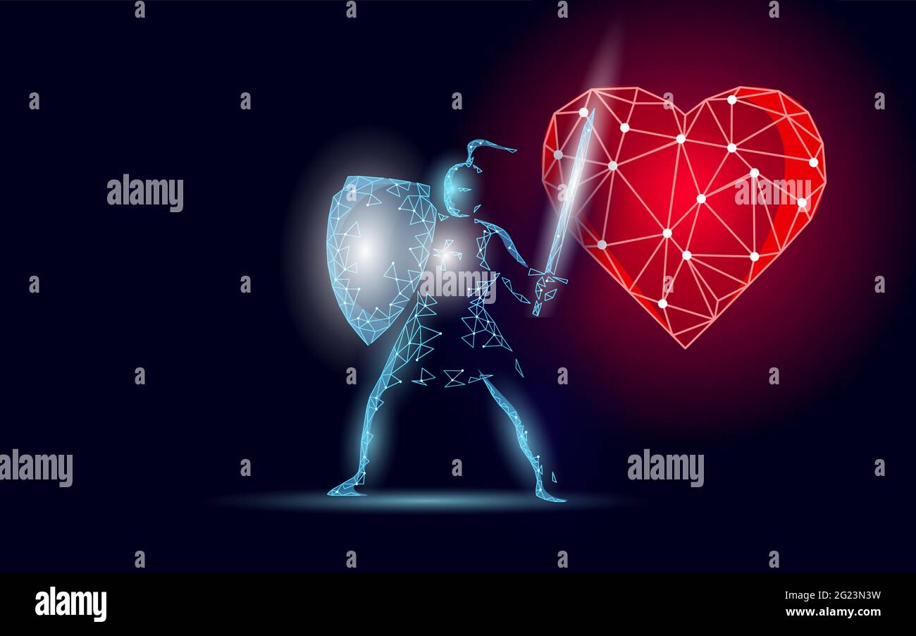 Human heart protection knight shield 3D low poly concept. Safety red pharmacy drugstore background. Supplement recovery reconstruction vector Stock Vector