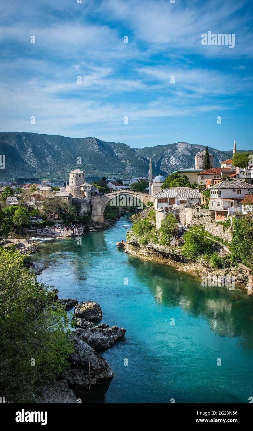 Beautiful view of Mostar city with mosque, ancient buildings and old ...