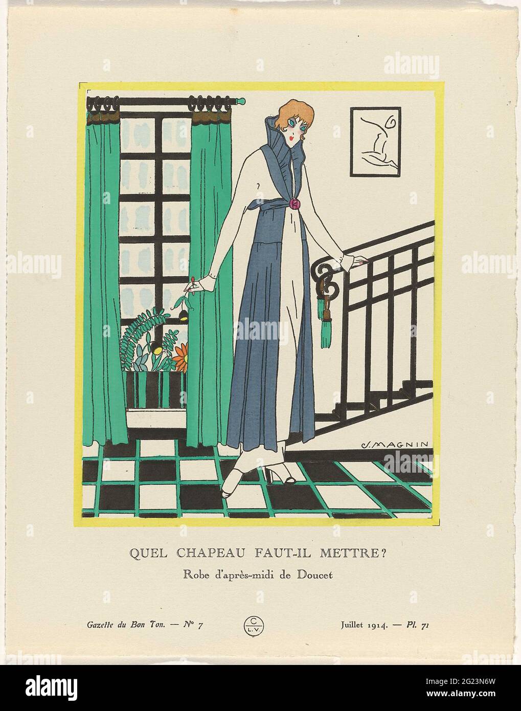 Gazette du Bon Ton, 1914 - No. 7, PL. 71: Quel Chapeau faut-il Mettre? /  Robe d'après-midi the Douce. Woman in doucet blue / white afternoon juice  with a high smoined collar,
