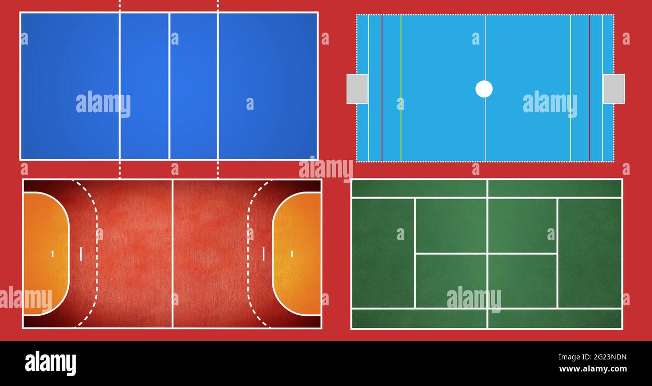 Composition of different sports fields on green background Stock Photo