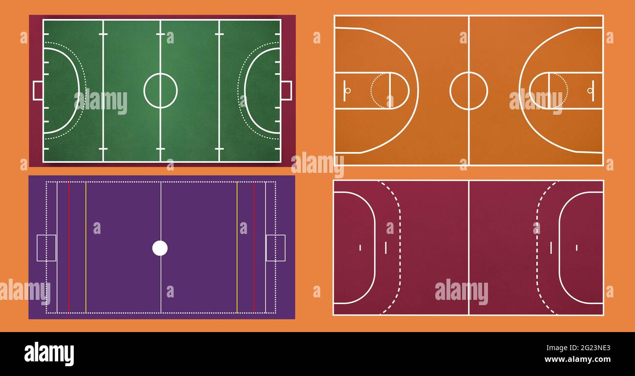 Composition of different sports fields on orange background Stock Photo