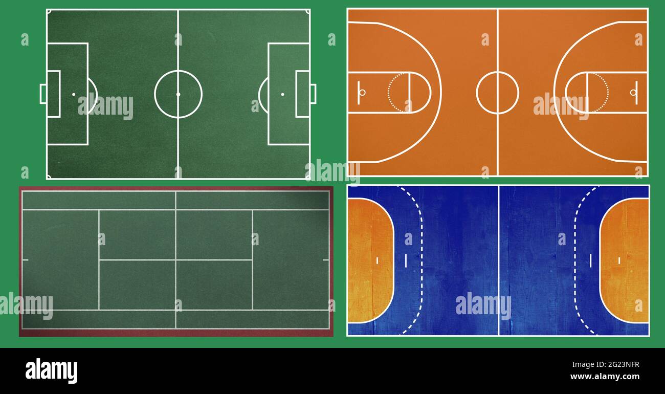 Composition of different sports fields on green background Stock Photo