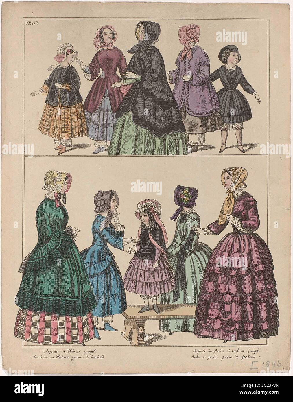 Townsend's Monthly Selection or Parisian Costumes, 1846, No. 1203: Chapeau  de Velours (...). In the upper frame four girls with 'Bloomers' and a woman  with cloak. In the lower frame a woman