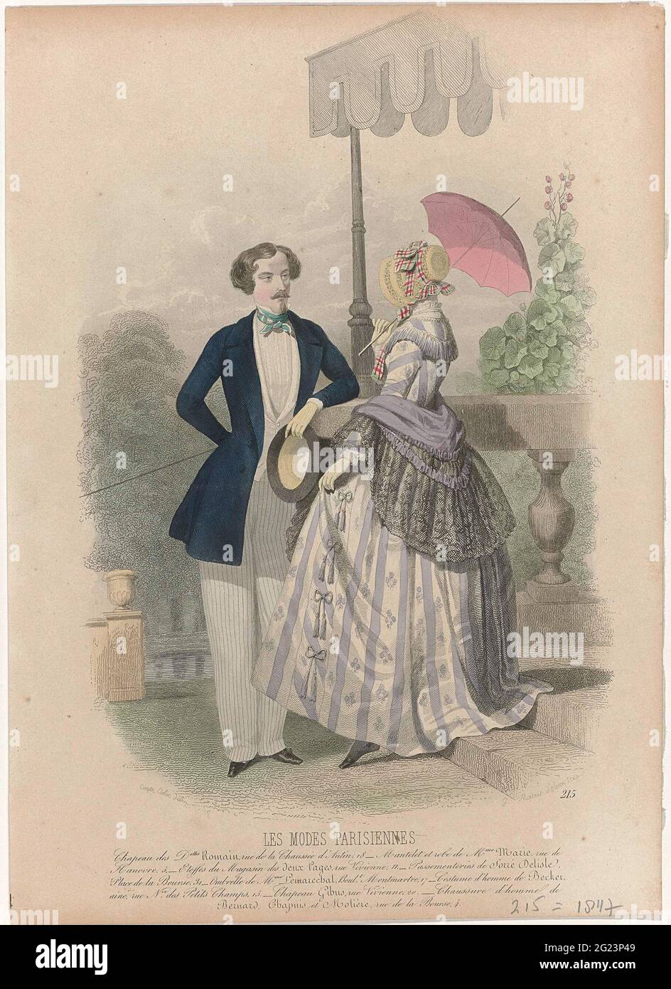 Les Modes Parisiennes, 11 Avril 1847, No. 215: Chapeau des Delles Romain  (...). A couple at a balustrade with awning. The woman is wearing a hiking  suit, consisting of a marie mantle
