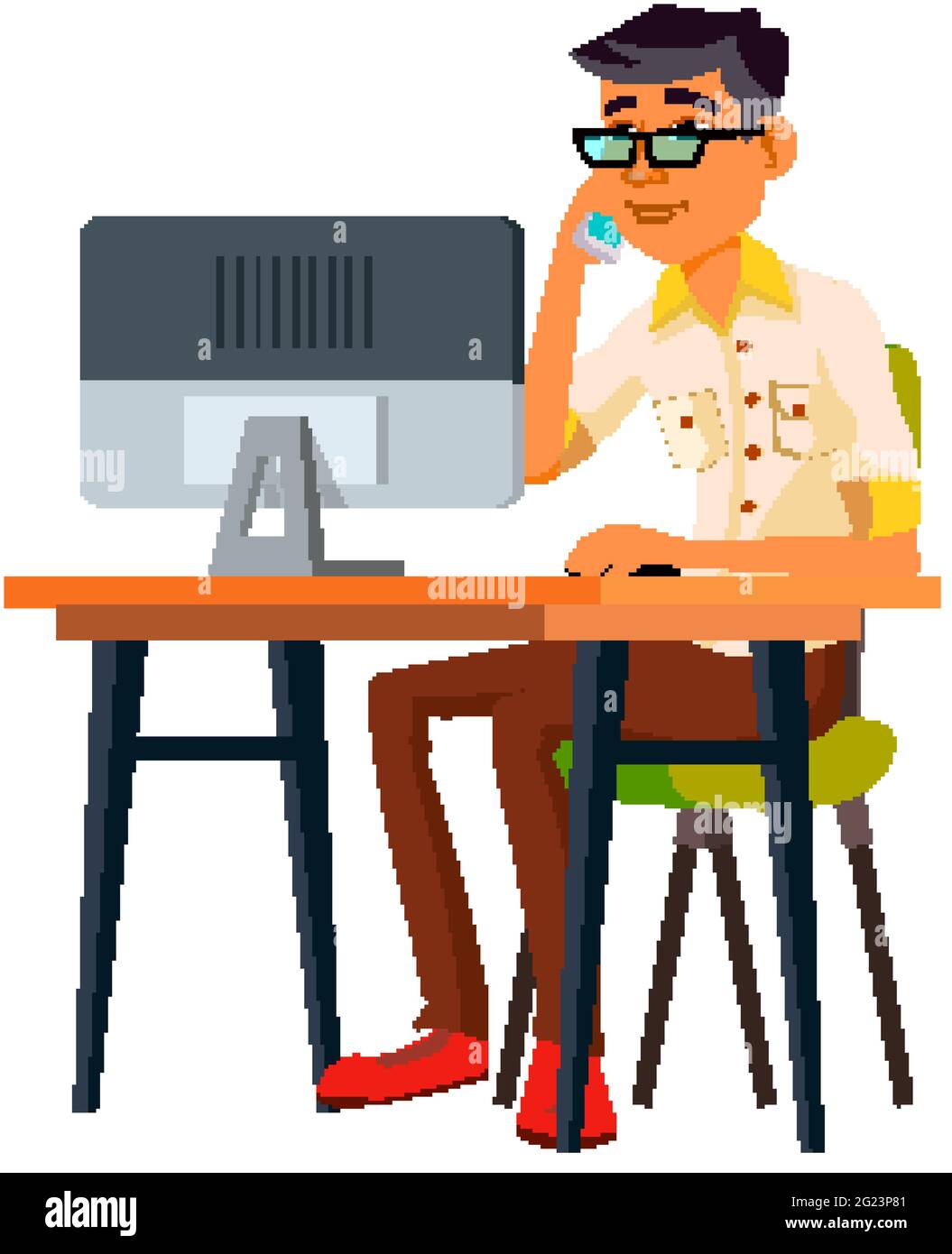 chinese boy looking at monitor and calling to support service on ...
