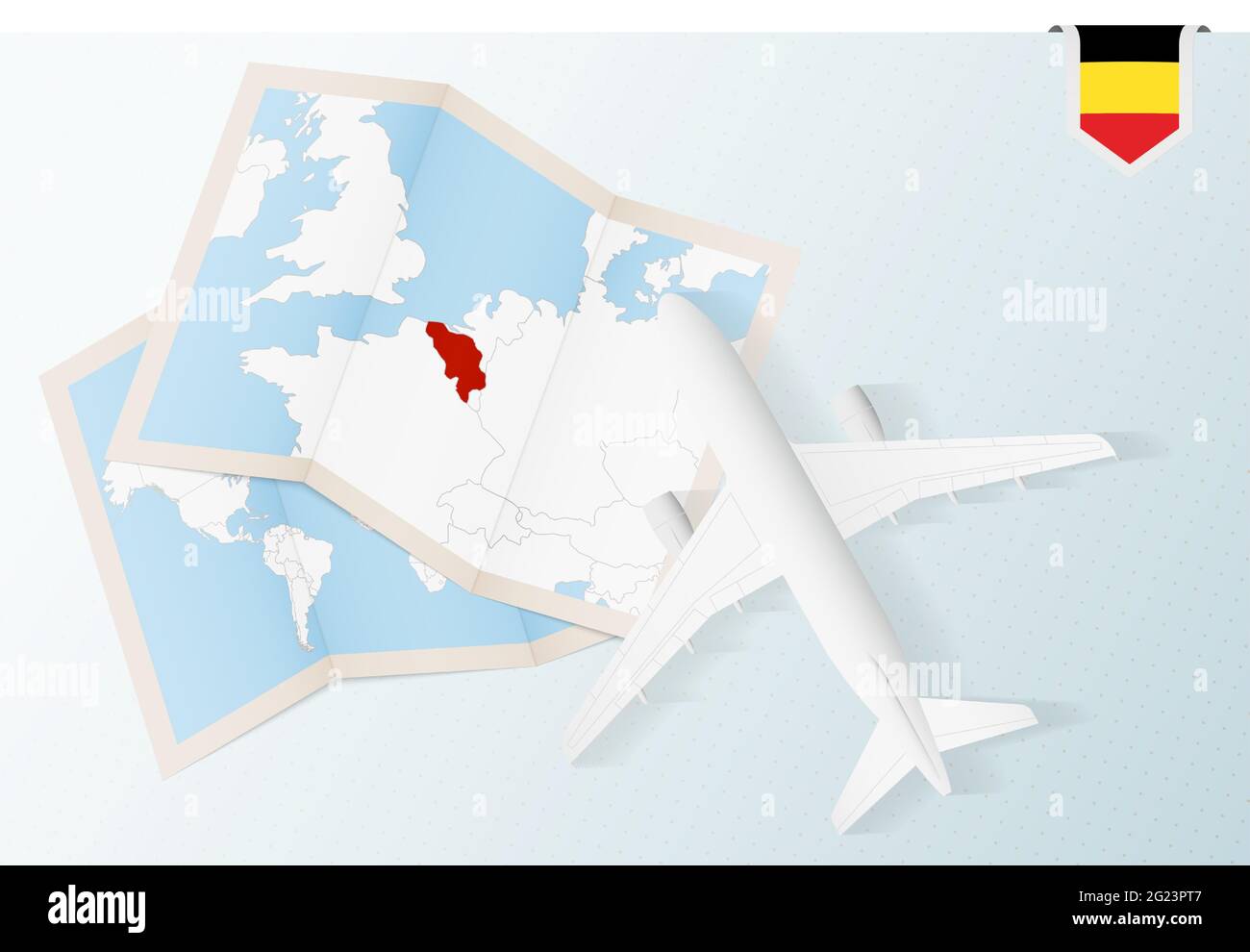 Travel to Belgium, top view airplane with map and flag of Belgium