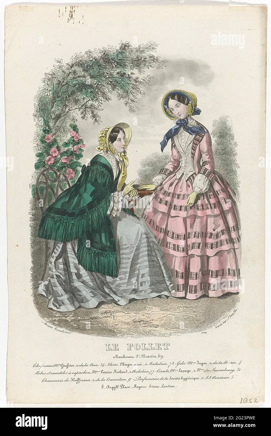 Le Follet, 1852, no. 1758: Chapeaux M.Lle Graftor (...). Two women in a  garden. According to the caption: hats of gravestor. Vest van Inger. Gowns  and mantle set with Capuchon by Verrier
