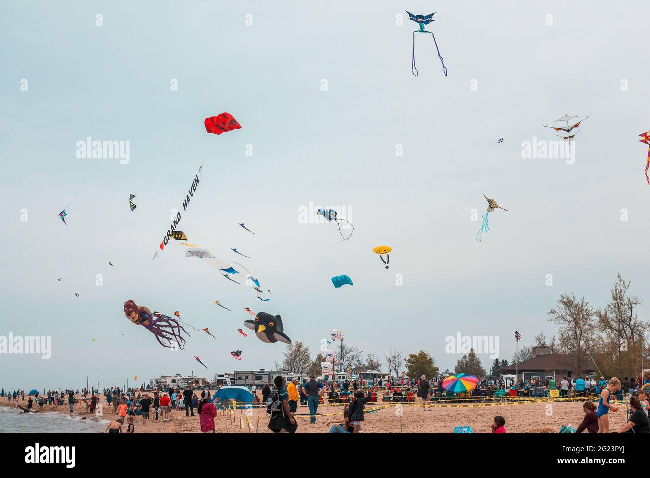 Groups of kites at the kite festival in Grand Haven Michigan Stock