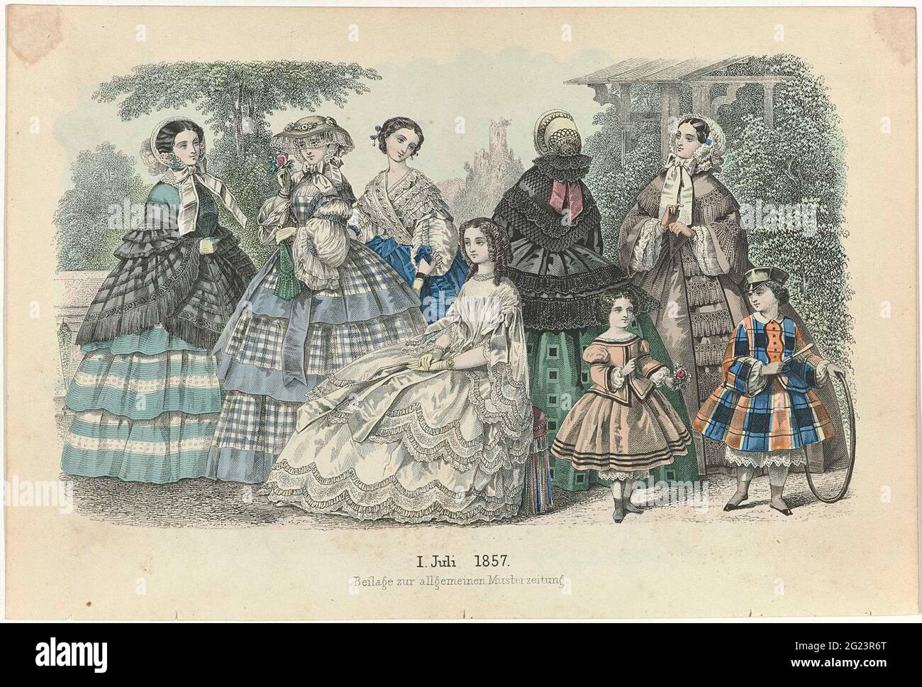 Allgemeine Musterzeitung, Beilage Zur Allgemeinen Musterzeitung, July 1, 1857. Six women in different dresses and headwear. Children's clothing: two girls, one with hoop and stick. Print from the Modelijdschrift Allgemeinen Musterzeitung (1844-1865). Stock Photo