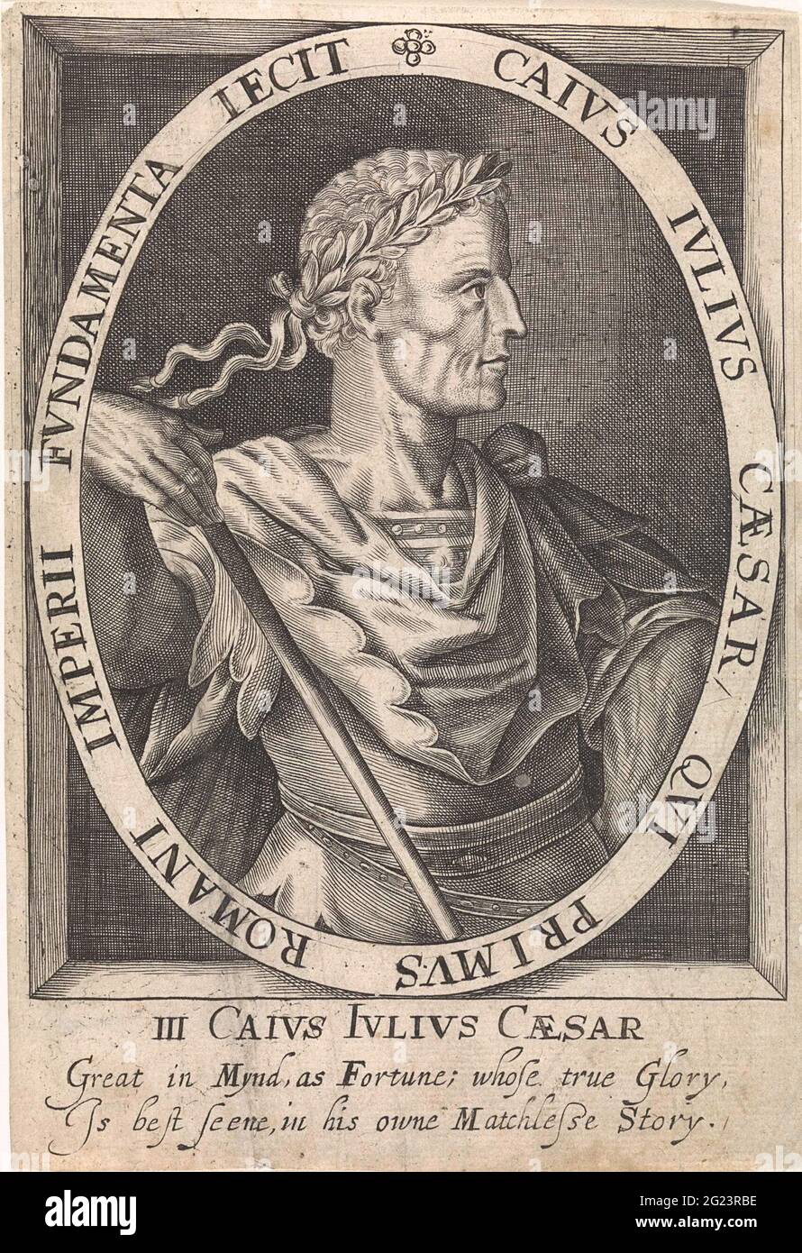 Julius Caesar as one of the nine heroes; The nine heroes. The hero from classical antiquity Julius Caesar. Bust in an oval frame with a peripheral in Latin. In the margin its name and a two-legged droftedness in English. Stock Photo