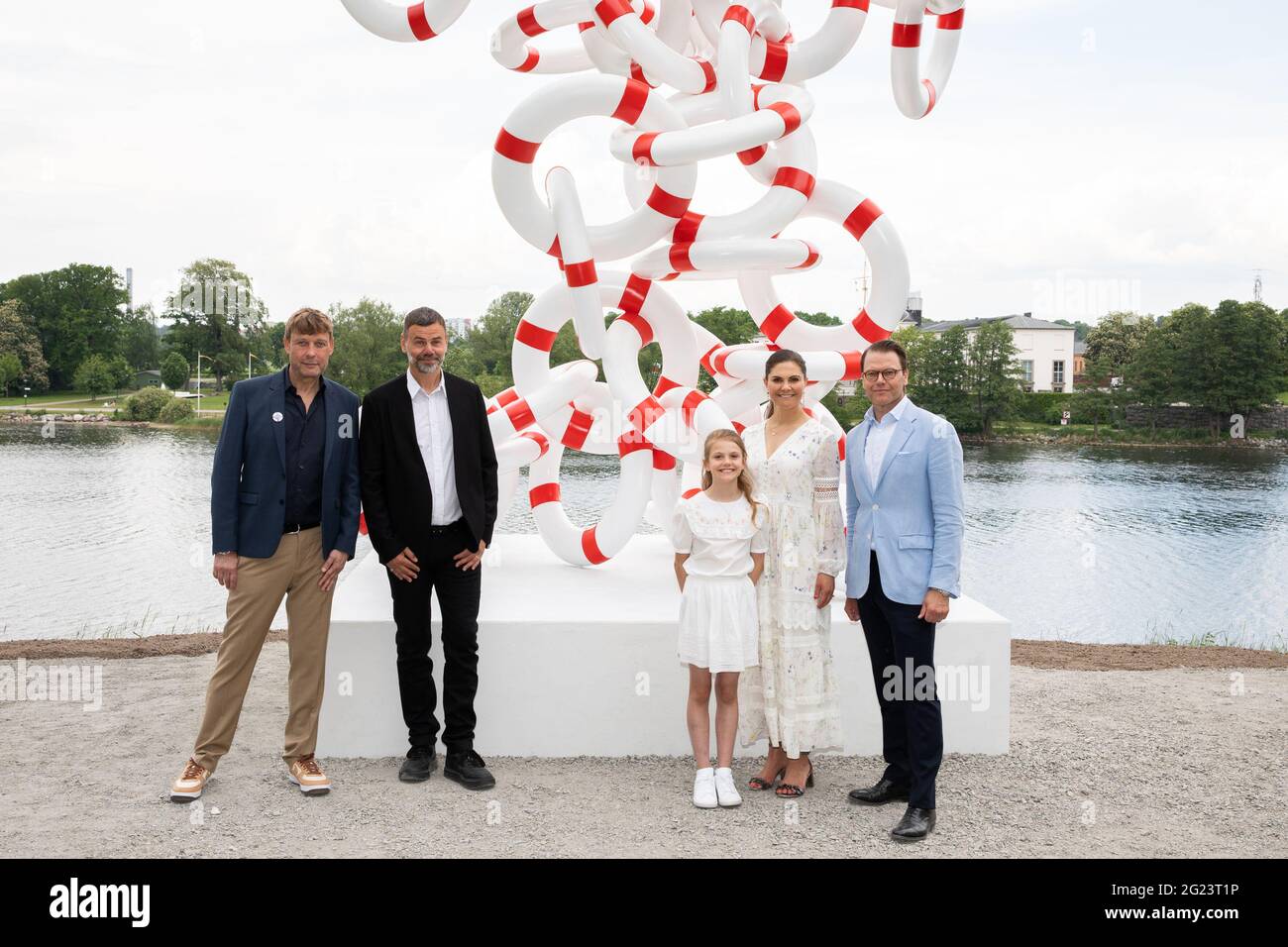 The Crown Princess family meets the Danish-Norwegian artist duo Michael Elmgreen and Ingar Dragset on 7 June 2021 before the inauguration of the artwork Life Rings at Djurgarden in Stockholm. The Princess Estelle Cultural Foundation, established by the Crown Princess and Prince Daniel, arranges annual sculpture exhibitions at Djurgården. This year's artwork is the second permanent work that will be part of a future sculpture park in the area. Stock Photo