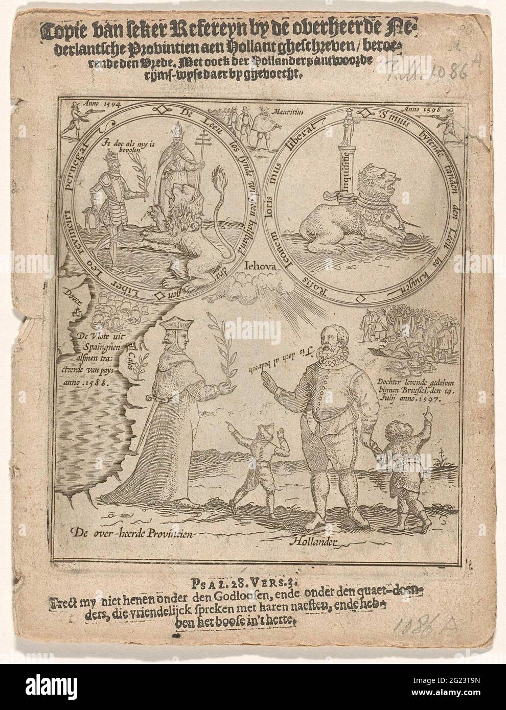 Title page of the leaflet: Copie van Seker Refereyn by the dominated  Nederlanche Provintien Aen Hollant Ghehère / Running peace. With Oock of  Hollanders responded Rijms-Wyse Daer by Ghevoecht, 1598. Allegory on
