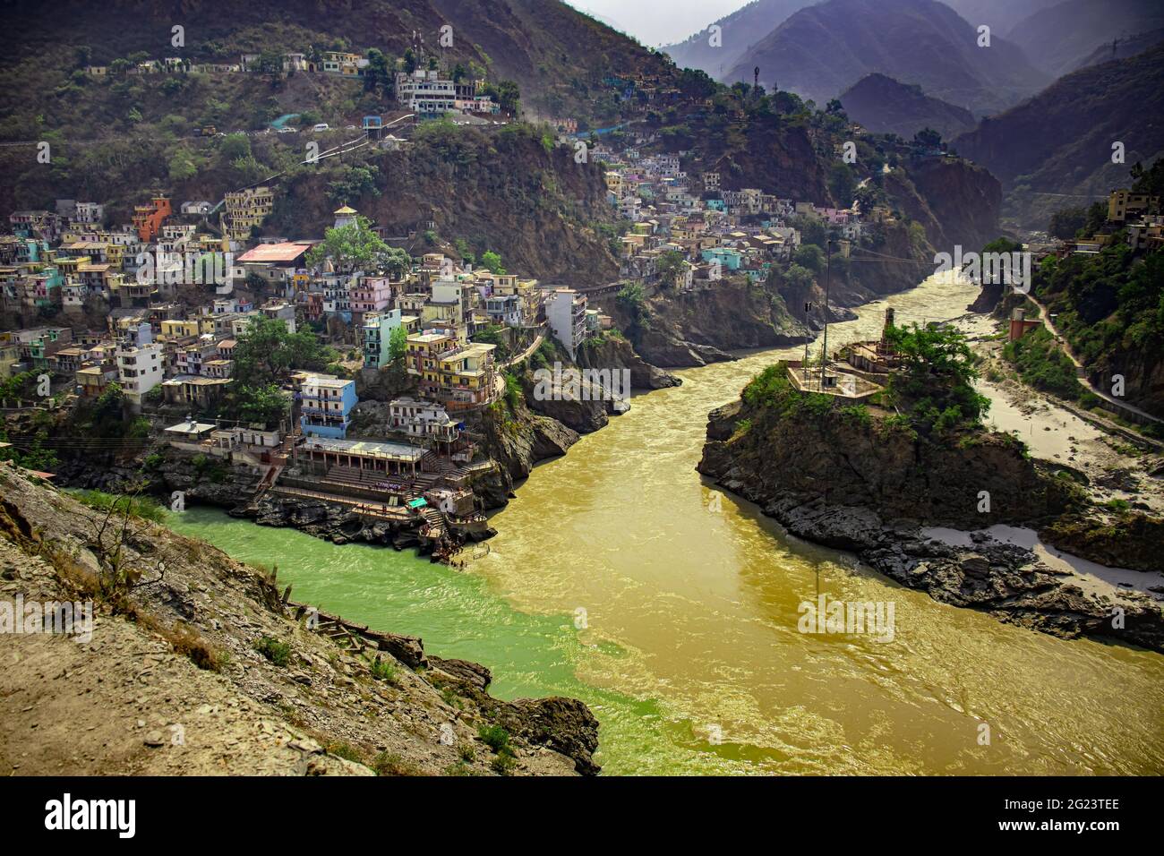 June 16 2019 Devparyag, Uttrakhand, India. Devprayag is one of the Panch Prayag, It is the point of confluence of rivers Alaknanda which originated fr Stock Photo