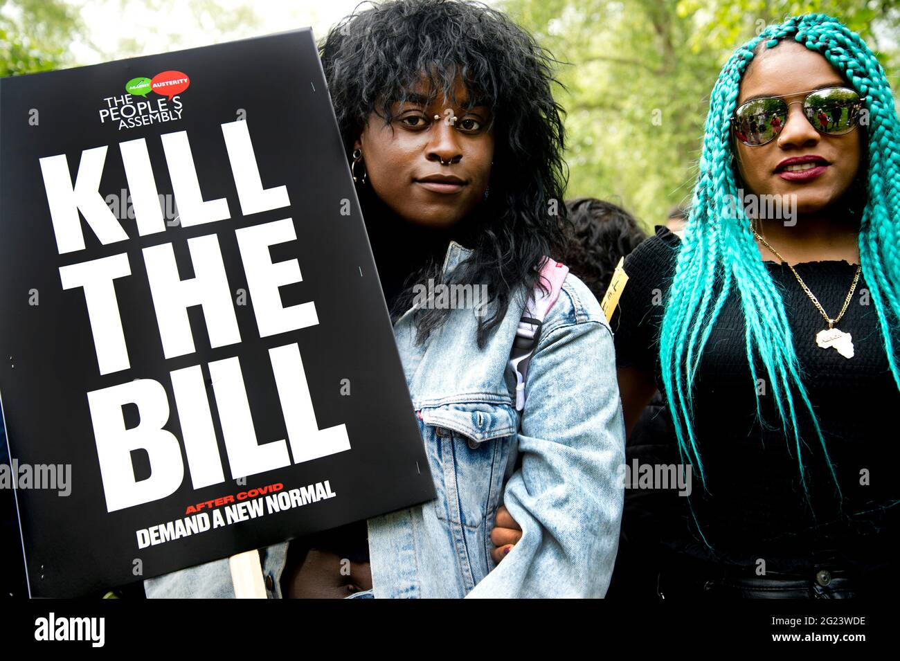 Russell Square 29th May 2021 Kill the Bill demonstration. Two strong black women with a sign saying 'Kill the Bill'. Stock Photo