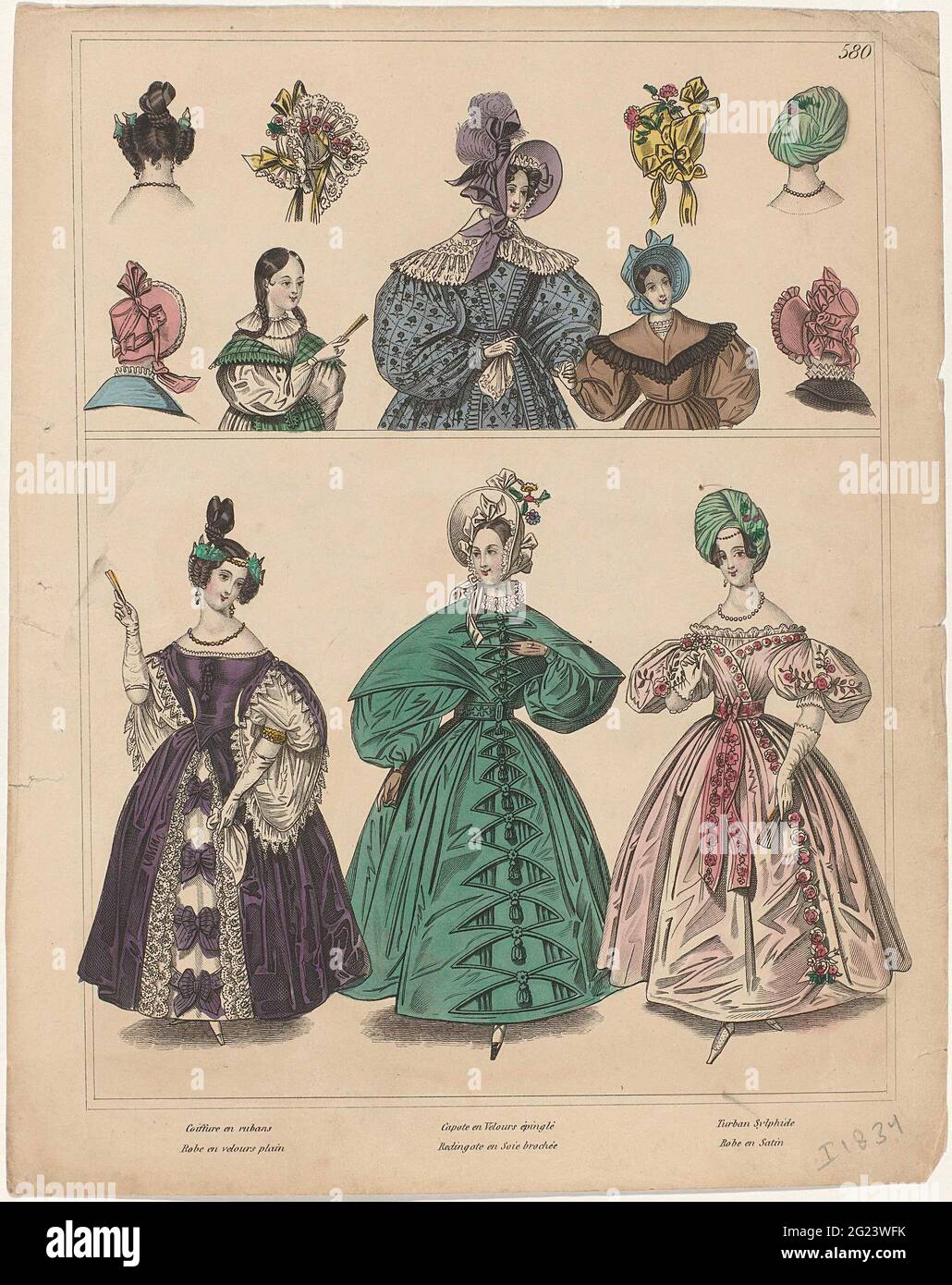 Townsend's Monthly Selection or Parisian Costumes, CA. 1834, No. 580:  Coiffure and Rubans (). In the upper frame from left to right:  'coiffure' with ribbons, 'capote' of 'velor épinglé', turban or 'turban