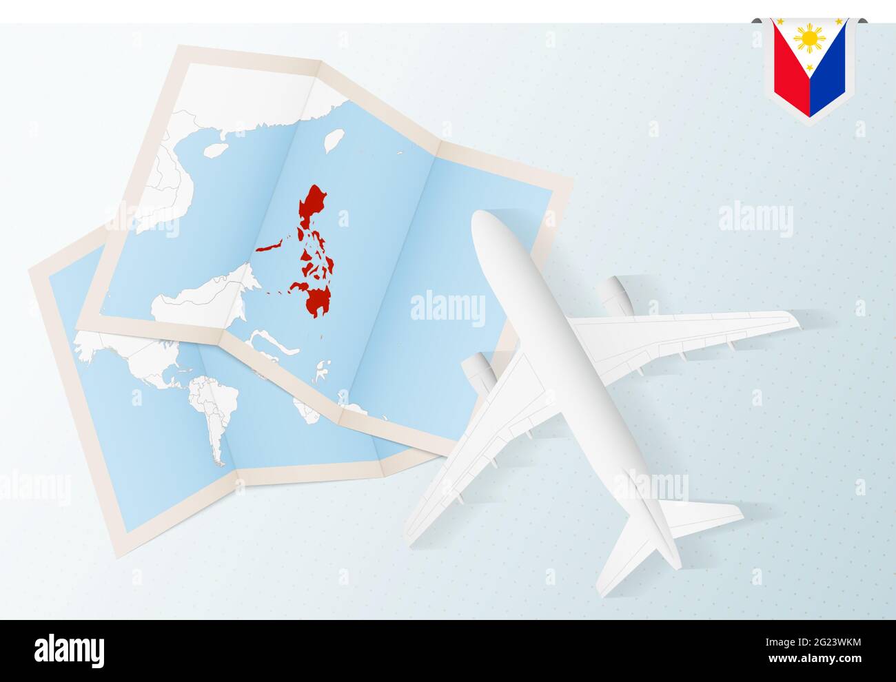 Travel to Philippines, top view airplane with map and flag of