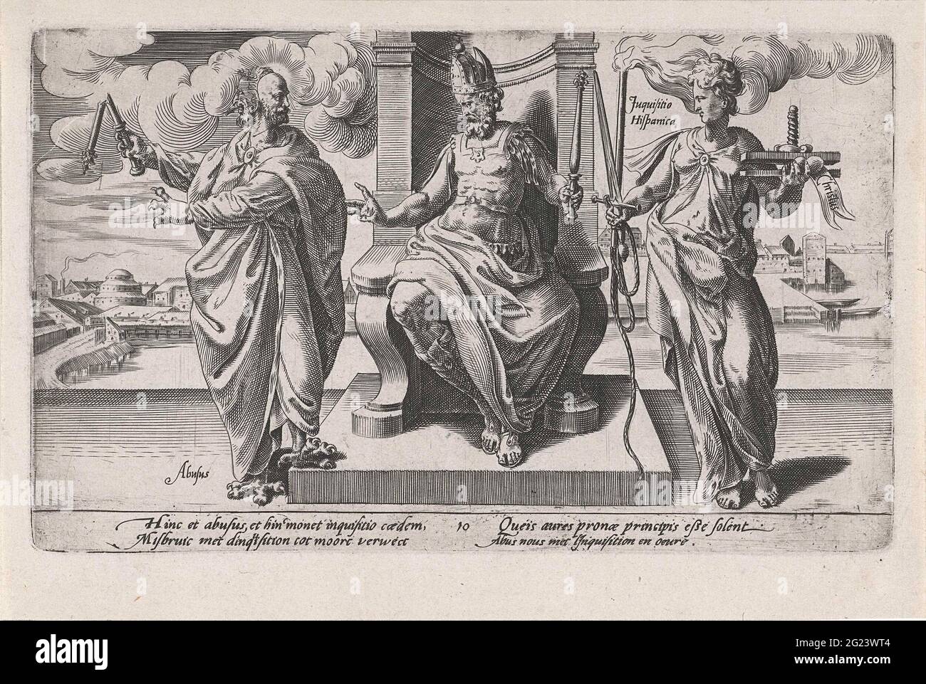 Corrupt rulers and the Spanish Inquisition of companies murder; Degening the Catholic clergy. The personification of abuse (Abusus) and Spanish Inquisition (Inquisitio Hispanica) attempt to influence the secular authorities. Abuse tries to hide his monstrous nature by a mask and a cloak. In his left hand a broken staff, symbol for frost broken power. The Spanish Inquisition bears a burning torch, a sword and a gallery rope, torture and execution instruments. In her left hand she presses the heart of Christ with a press. The print has a Dutch, Latin and French caption and is part of a twellable Stock Photo