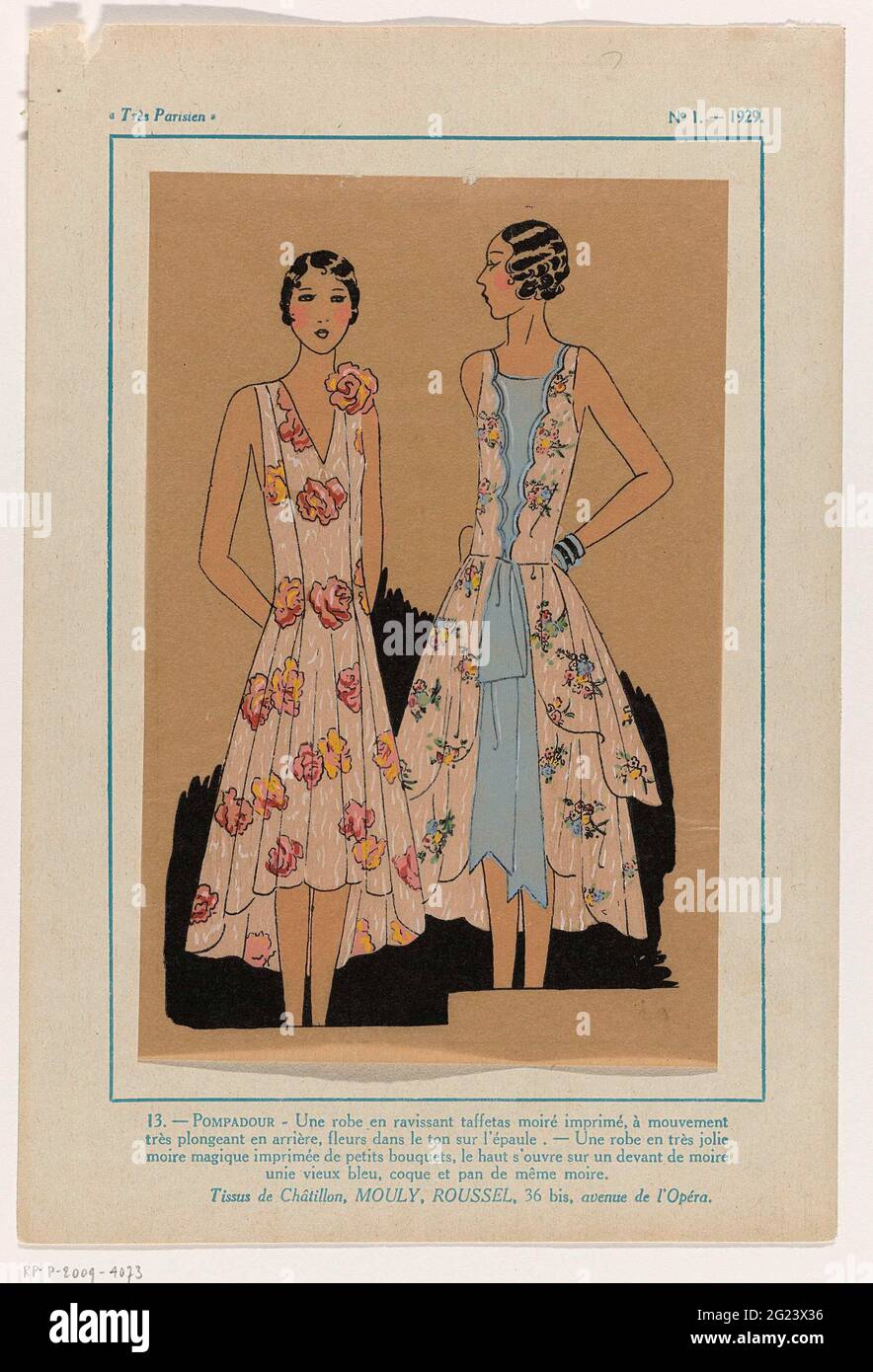 Très Parisien, 1929, No. 1: 13.- Pompadour - Une Robe and Ravissant (...). Dress of printed 'Taffetas Moiré' with floral pattern. Flower corsage on the shoulder in idem colors. Dress from 'Moire Magique' printed with small bouquets; Bodice mid-front open including blue plain moire, 'coque et pan' from idem moire. Substances from Châtillon, Moully, Roussel. Print from the fashion magazine Très Parisien (1920-1936). Stock Photo