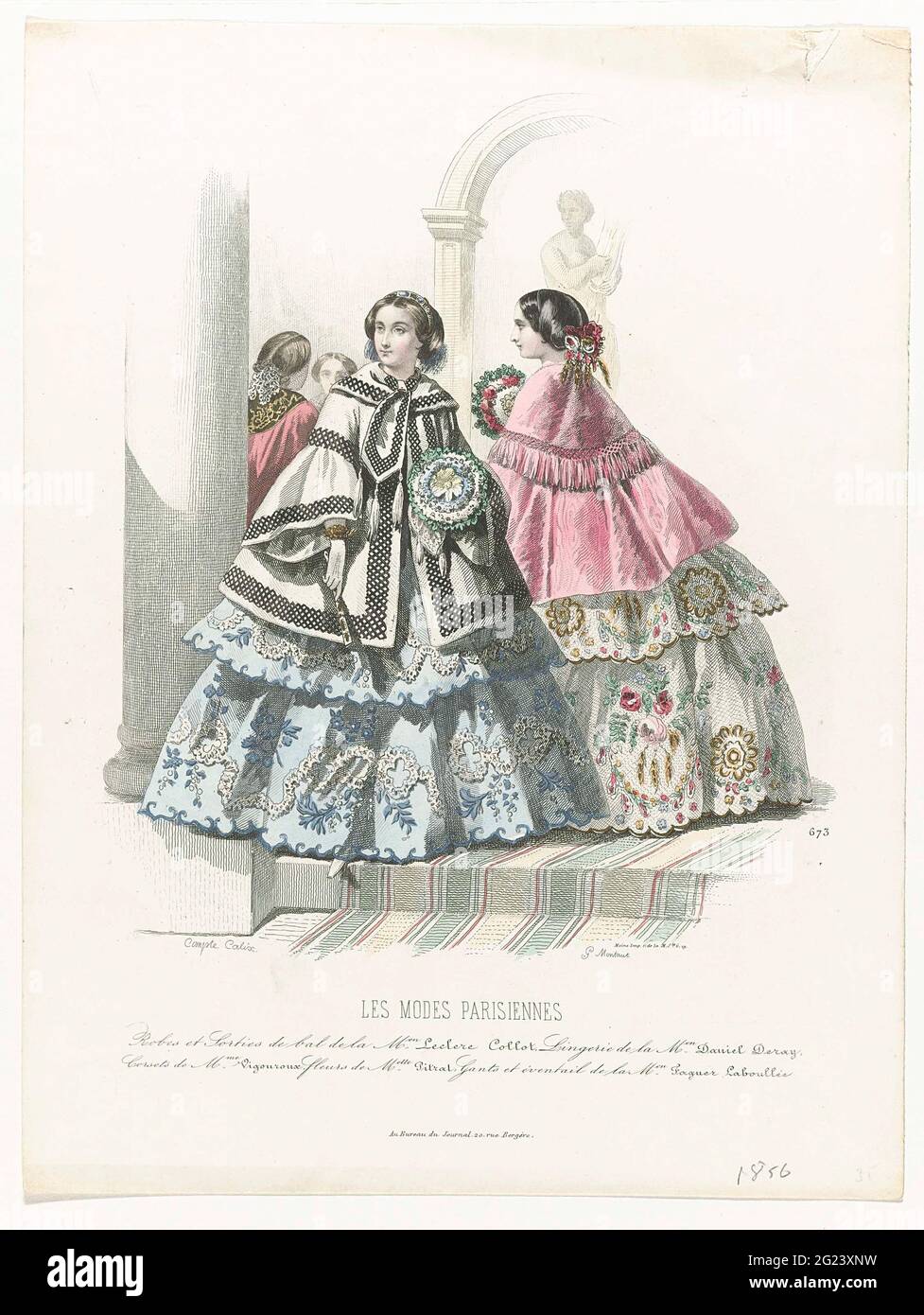 Les Modes Parisiennes, 1856, No. 673: Robes et sorties (...). Two women,  one of whom seen on the back, in a hall. According to the caption:  balljapons and 'sortions' for a Ball