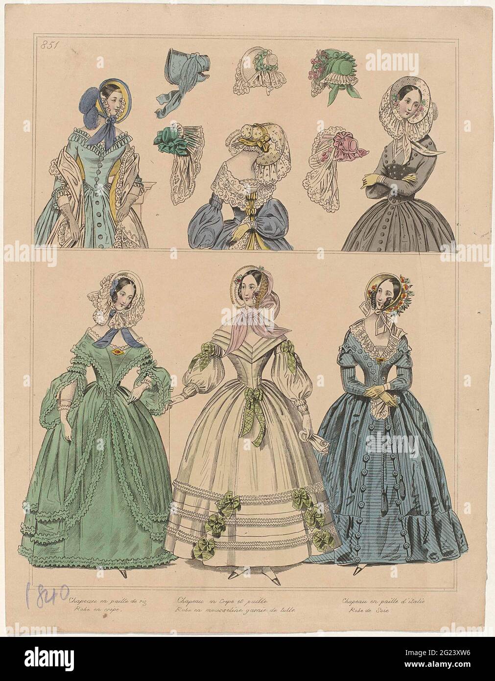 Antique Fashion Print on LINEN and Embroidered  //  Victorian Era Dress  //  French Knots Make Up Bouquets and Bonnets //  Framed and Matted