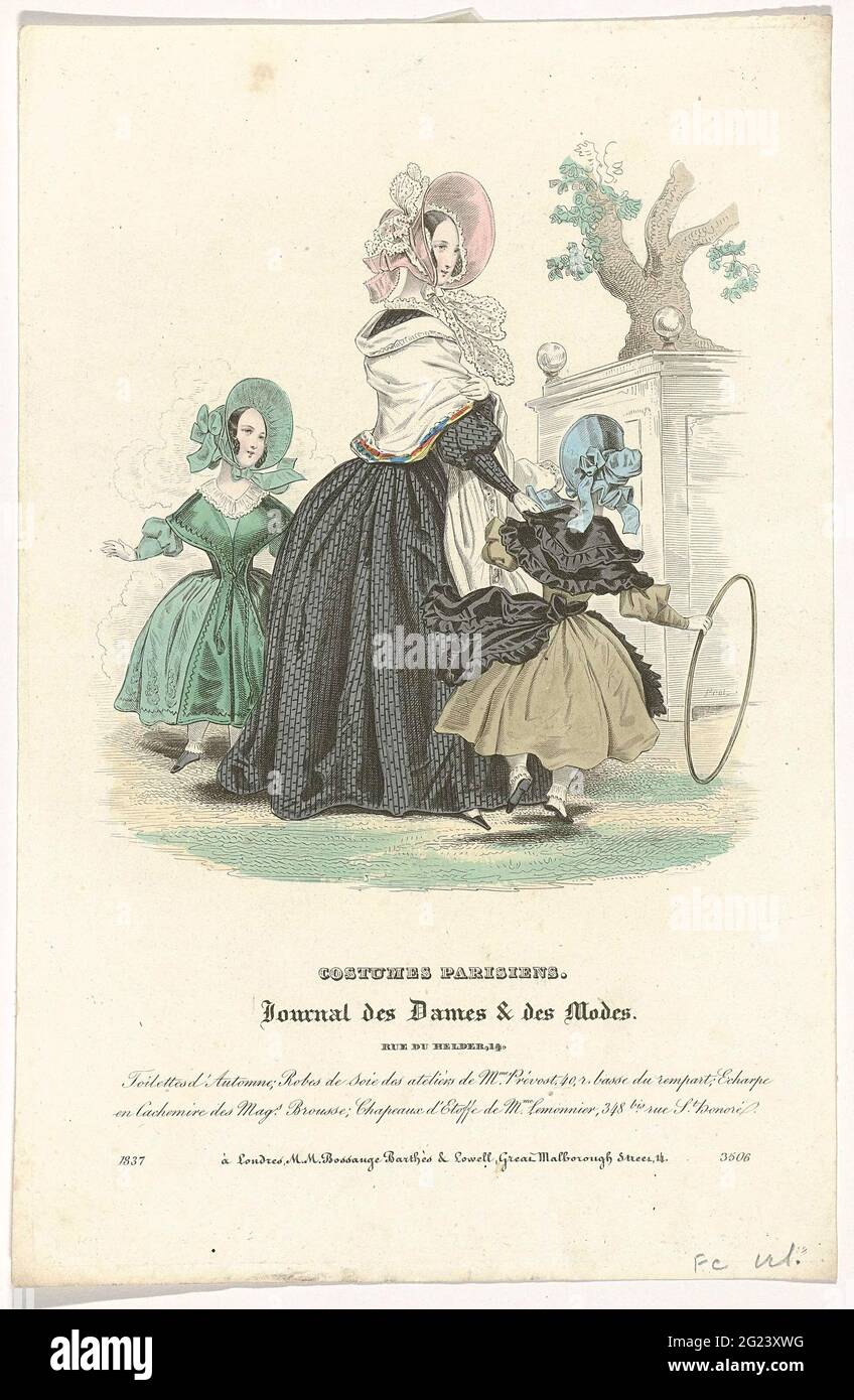 Journal des Ladies et des Modes, Costumes Parisiens, 1837, (3506):  Toilettes d'Automn (...). A woman and two girls in a park, one of whom with  hoop in hand. They wear 'toilets' for