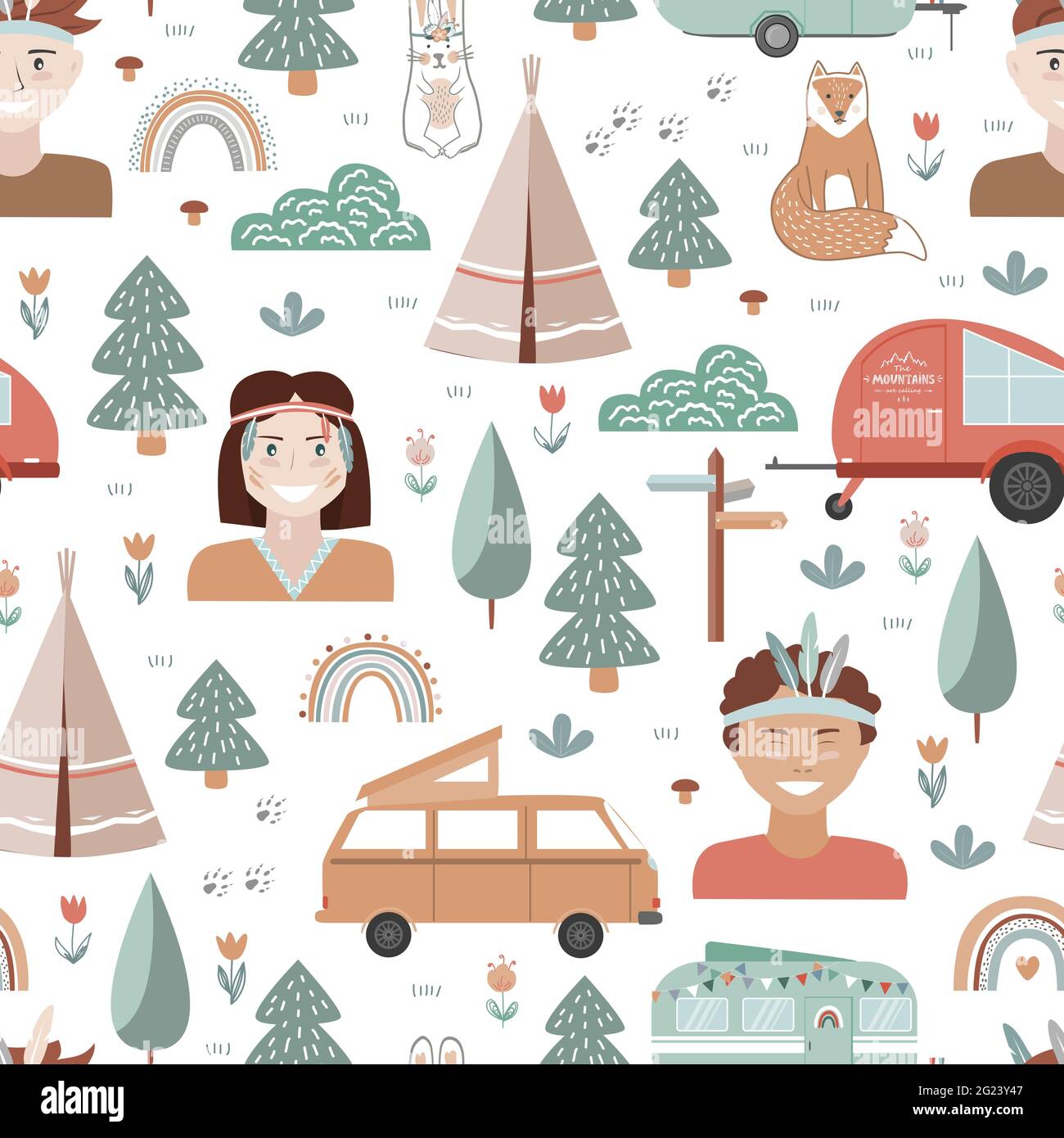 Hand drawn seamless pattern with summer camping equipment and kids ...