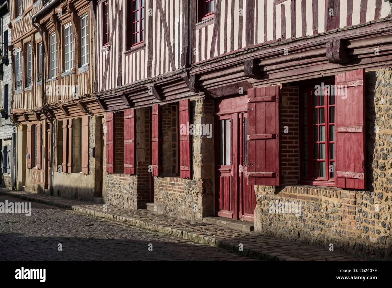Honfleur (Normandy, northern France): half timbered houses in "rue de la Bavole" street Stock Photo