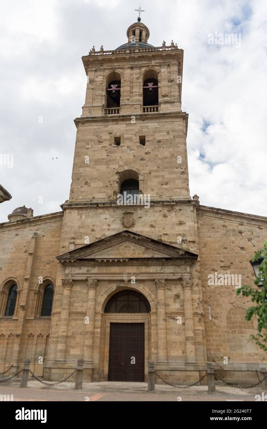 Cuidad Rodrigo / Spain - 05 13 2021: Majestic front view at the iconic spanish Romanesque architecture building at the Catedral Santa Maria de Ciudad Stock Photo